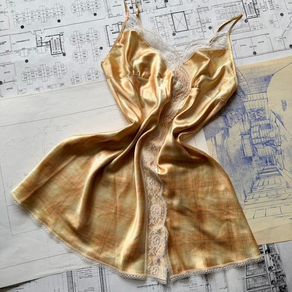 Y2K Vintage Victoria’s Secret Yellow Plaid Satin Mini Slip Dress with Lace Trim